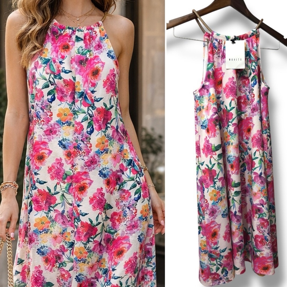 Mohito | NWT Watercolor Pink Multicolor Floral Halter Midi Dress (size S)